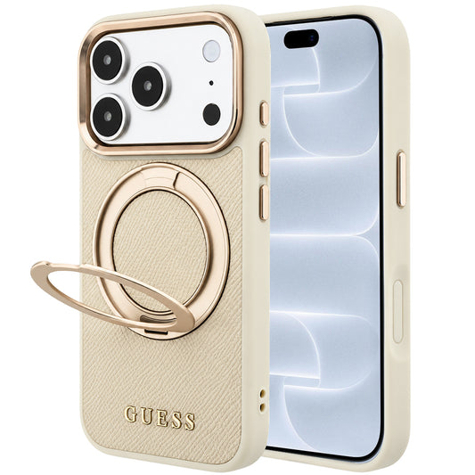 Husa MagSafe pentru Apple iPhone 18 Pro / 17 Pro, Guess, Grained Ring Stand 360 Classic, Bej