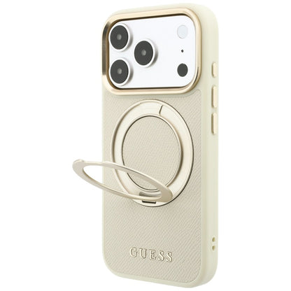 Husa MagSafe pentru Apple iPhone 18 Pro / 17 Pro, Guess, Grained Ring Stand 360 Classic, Bej
