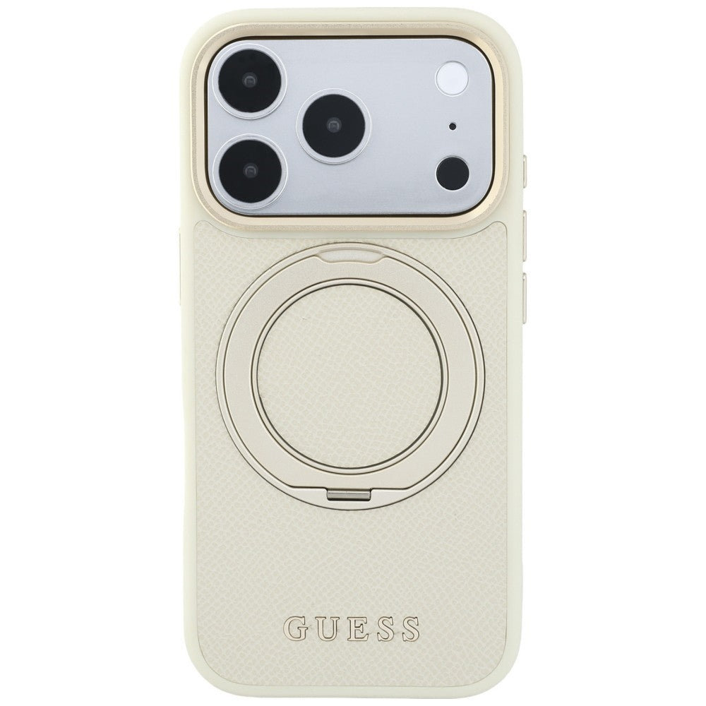 Husa MagSafe pentru Apple iPhone 18 Pro / 17 Pro, Guess, Grained Ring Stand 360 Classic, Bej