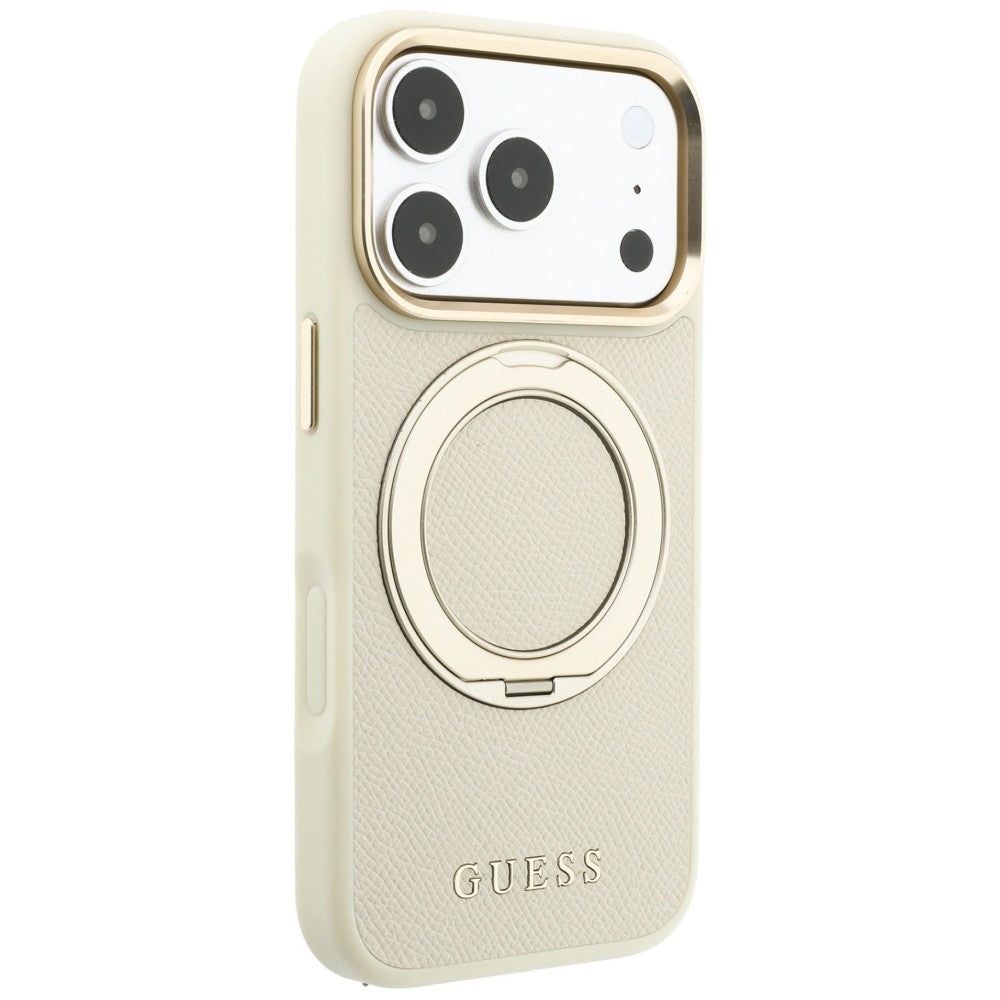 Husa MagSafe pentru Apple iPhone 18 Pro / 17 Pro, Guess, Grained Ring Stand 360 Classic, Bej