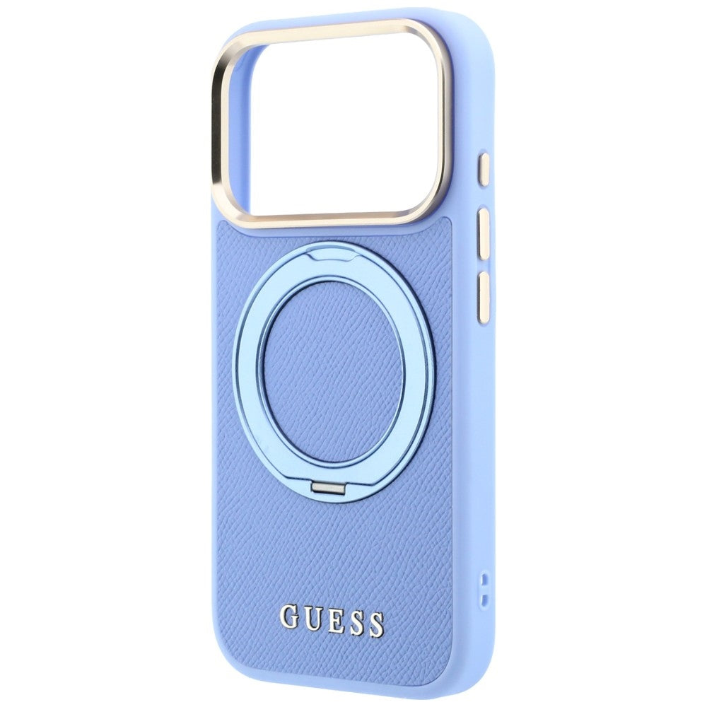 Husa MagSafe pentru Apple iPhone 18 Pro / 17 Pro, Guess, Grained Ring Stand 360 Classic, Bleu