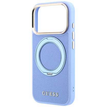 Husa MagSafe pentru Apple iPhone 18 Pro / 17 Pro, Guess, Grained Ring Stand 360 Classic, Bleu