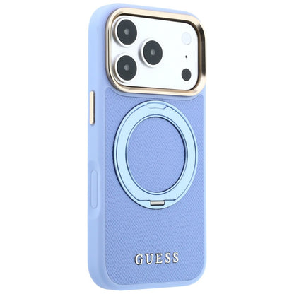 Husa MagSafe pentru Apple iPhone 18 Pro / 17 Pro, Guess, Grained Ring Stand 360 Classic, Bleu