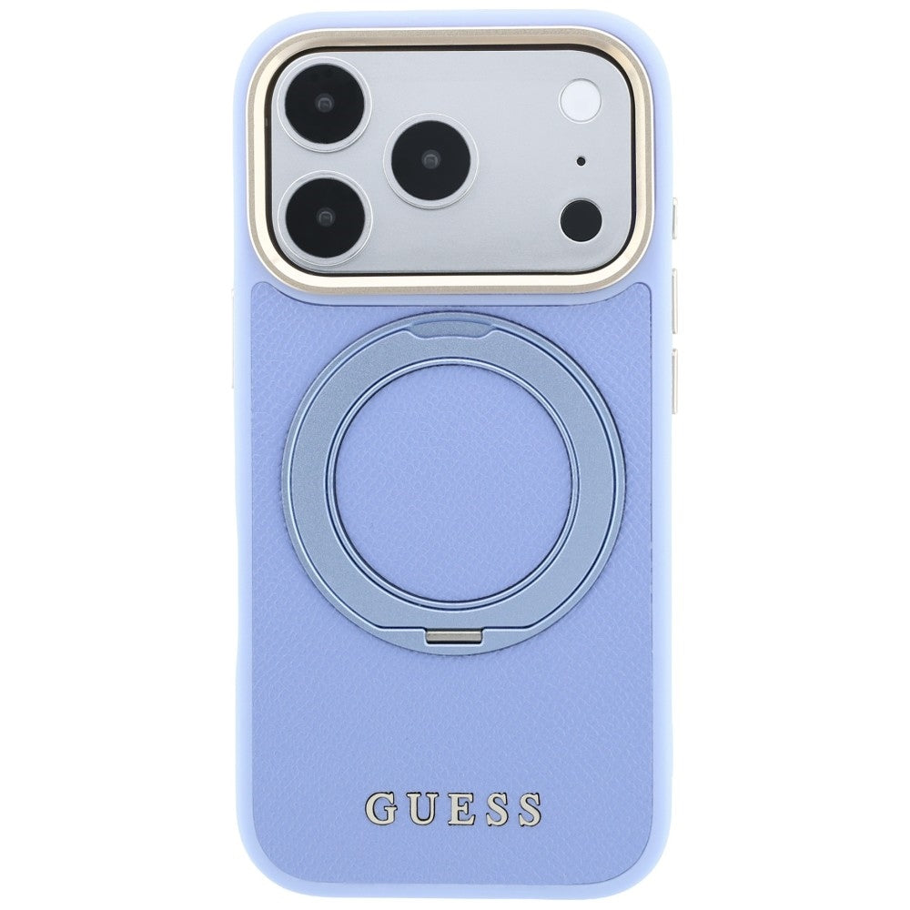 Husa MagSafe pentru Apple iPhone 18 Pro / 17 Pro, Guess, Grained Ring Stand 360 Classic, Bleu
