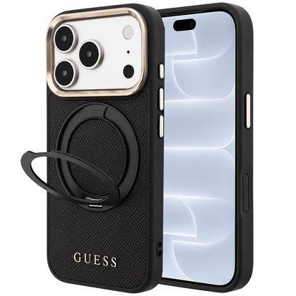 Husa MagSafe pentru Apple iPhone 18 Pro / 17 Pro, Guess, Grained Ring Stand 360 Classic, Neagra