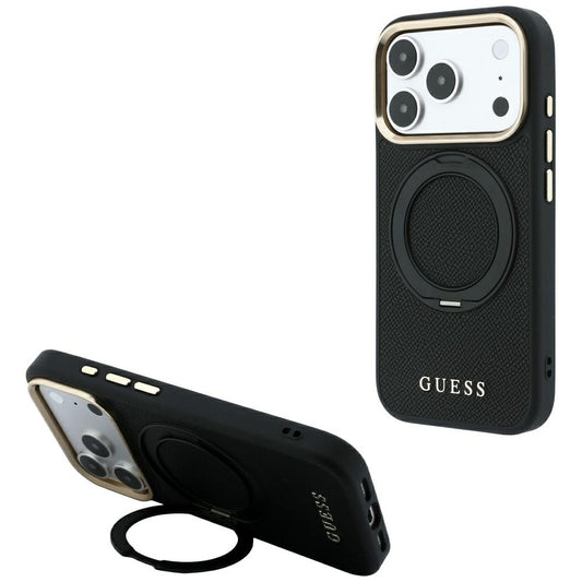 Husa MagSafe pentru Apple iPhone 18 Pro / 17 Pro, Guess, Grained Ring Stand 360 Classic, Neagra