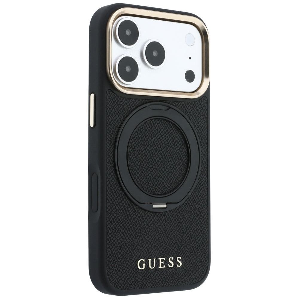 Husa MagSafe pentru Apple iPhone 18 Pro / 17 Pro, Guess, Grained Ring Stand 360 Classic, Neagra