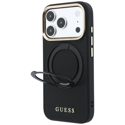 Husa MagSafe pentru Apple iPhone 18 Pro / 17 Pro, Guess, Grained Ring Stand 360 Classic, Neagra