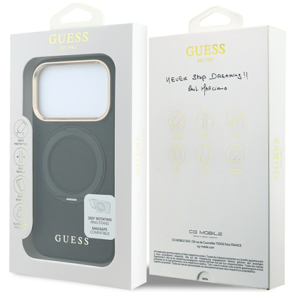 Husa MagSafe pentru Apple iPhone 18 Pro / 17 Pro, Guess, Grained Ring Stand 360 Classic, Neagra
