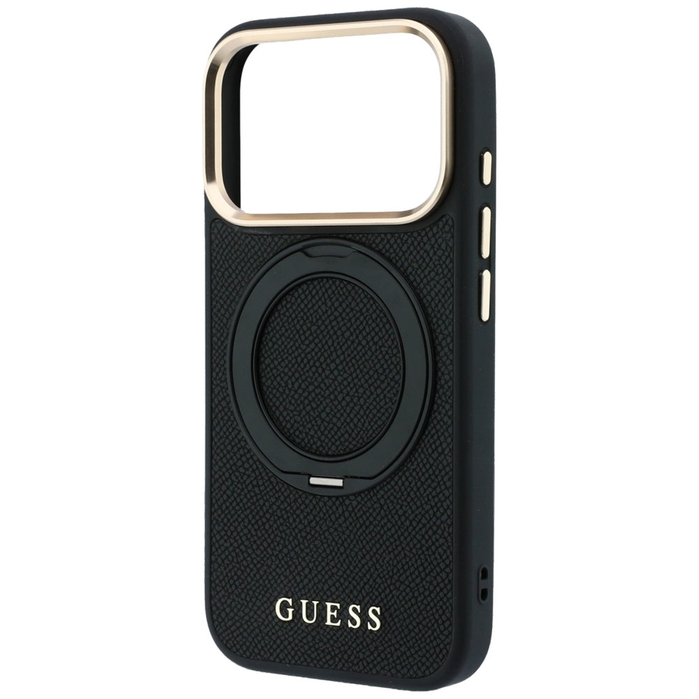 Husa MagSafe pentru Apple iPhone 18 Pro / 17 Pro, Guess, Grained Ring Stand 360 Classic, Neagra