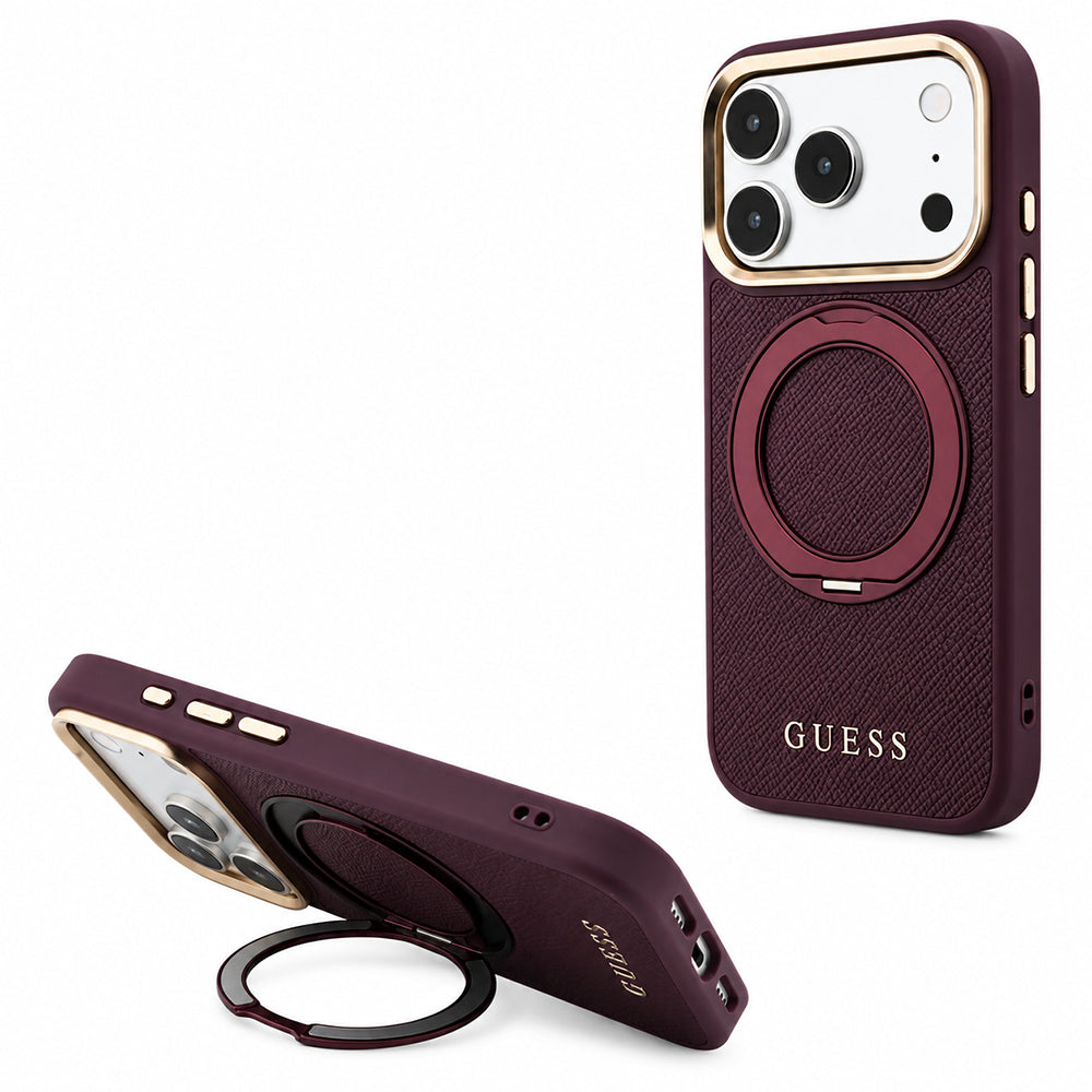Husa MagSafe pentru Apple iPhone 18 Pro / 17 Pro, Guess, Grained Ring Stand 360 Classic, Visinie