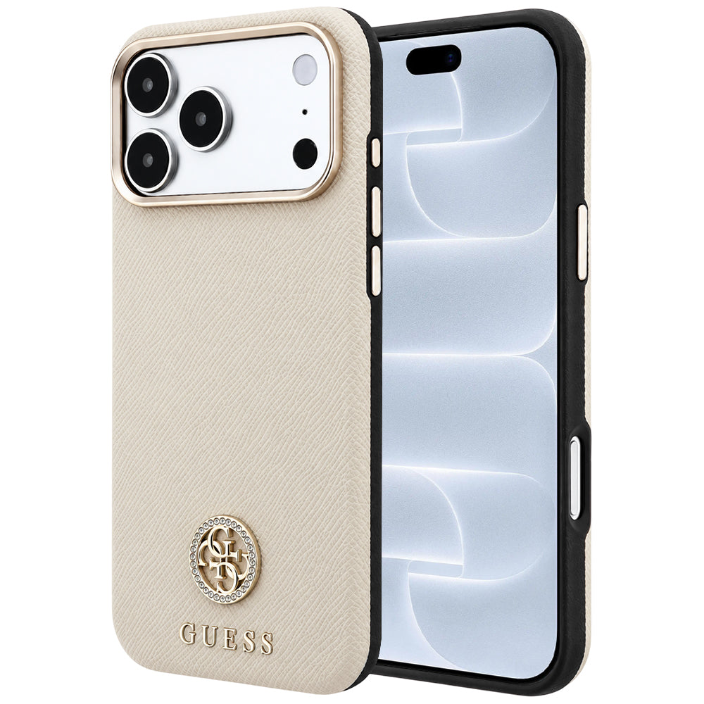 Husa MagSafe pentru Apple iPhone 18 Pro / 17 Pro, Guess, Grained Round Strass Logo, Bej