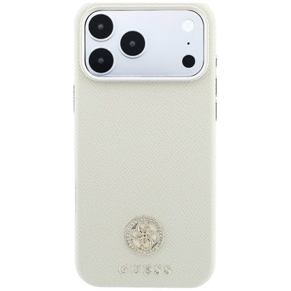Husa MagSafe pentru Apple iPhone 18 Pro / 17 Pro, Guess, Grained Round Strass Logo, Bej