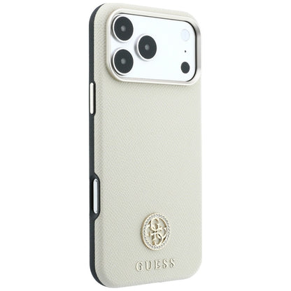 Husa MagSafe pentru Apple iPhone 18 Pro / 17 Pro, Guess, Grained Round Strass Logo, Bej