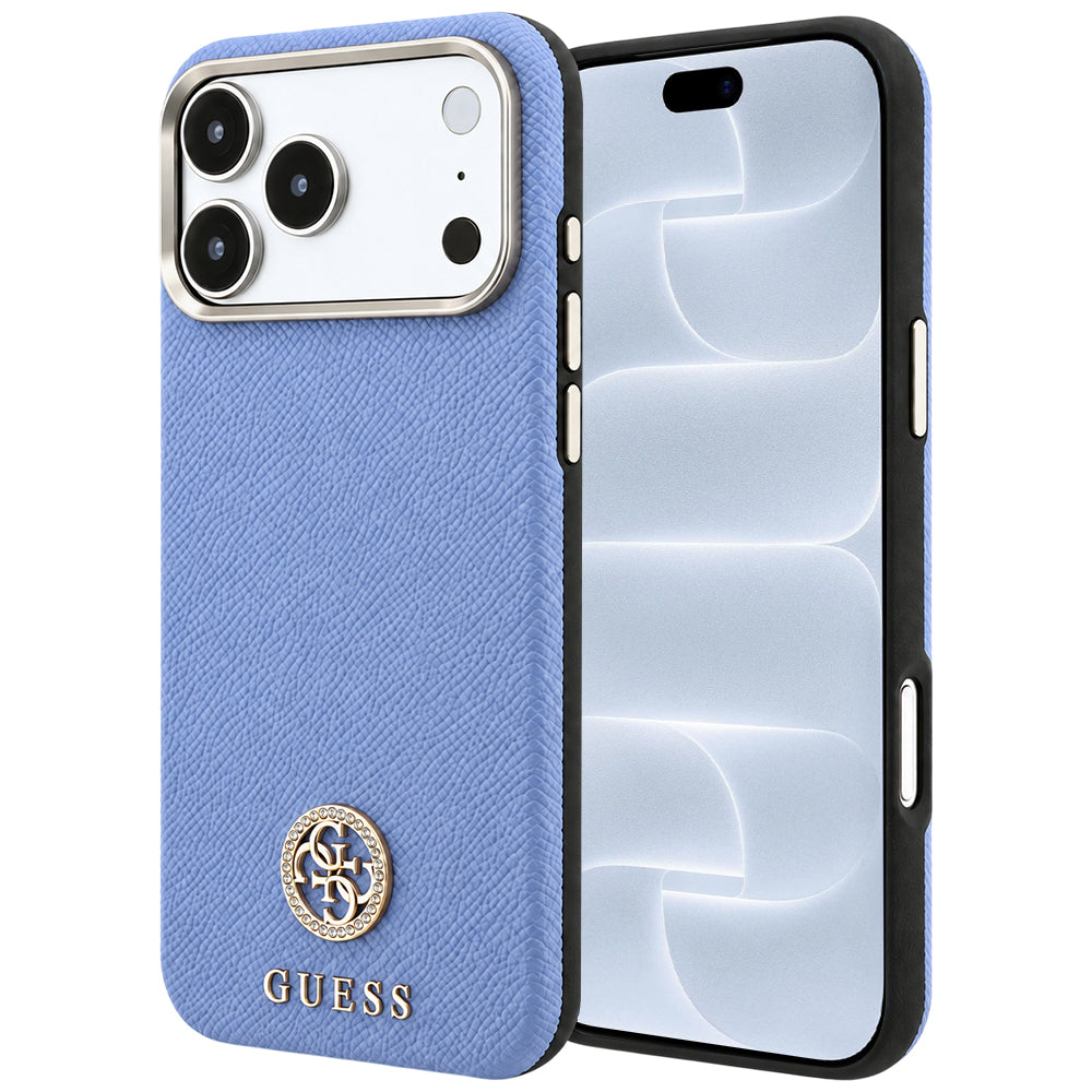 Husa MagSafe pentru Apple iPhone 18 Pro / 17 Pro, Guess, Grained Round Strass Logo, Bleu