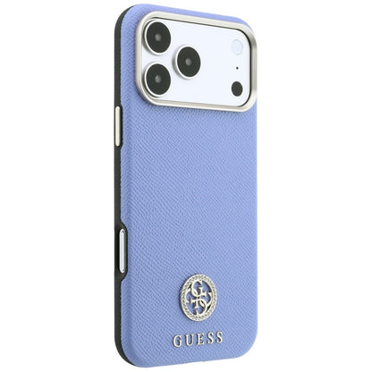 Husa MagSafe pentru Apple iPhone 18 Pro / 17 Pro, Guess, Grained Round Strass Logo, Bleu