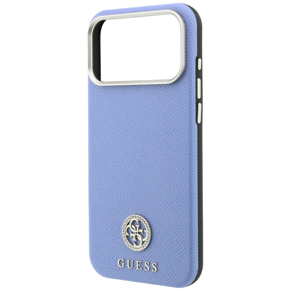 Husa MagSafe pentru Apple iPhone 18 Pro / 17 Pro, Guess, Grained Round Strass Logo, Bleu