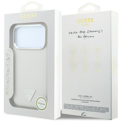 Husa MagSafe pentru Apple iPhone 18 Pro / 17 Pro, Guess, Grained Triangle Logo, Bej