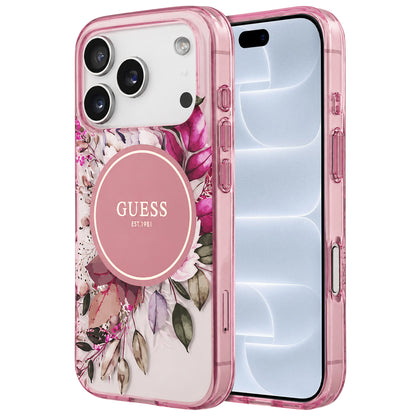 Husa MagSafe pentru Apple iPhone 18 Pro / 17 Pro, Guess, IML Flower & Tonal Circle, Roz