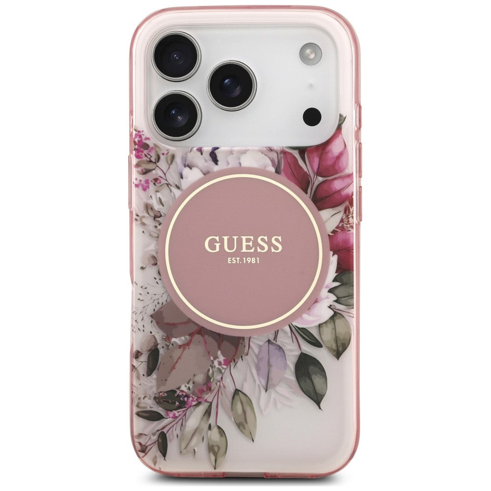 Husa MagSafe pentru Apple iPhone 18 Pro / 17 Pro, Guess, IML Flower & Tonal Circle, Roz