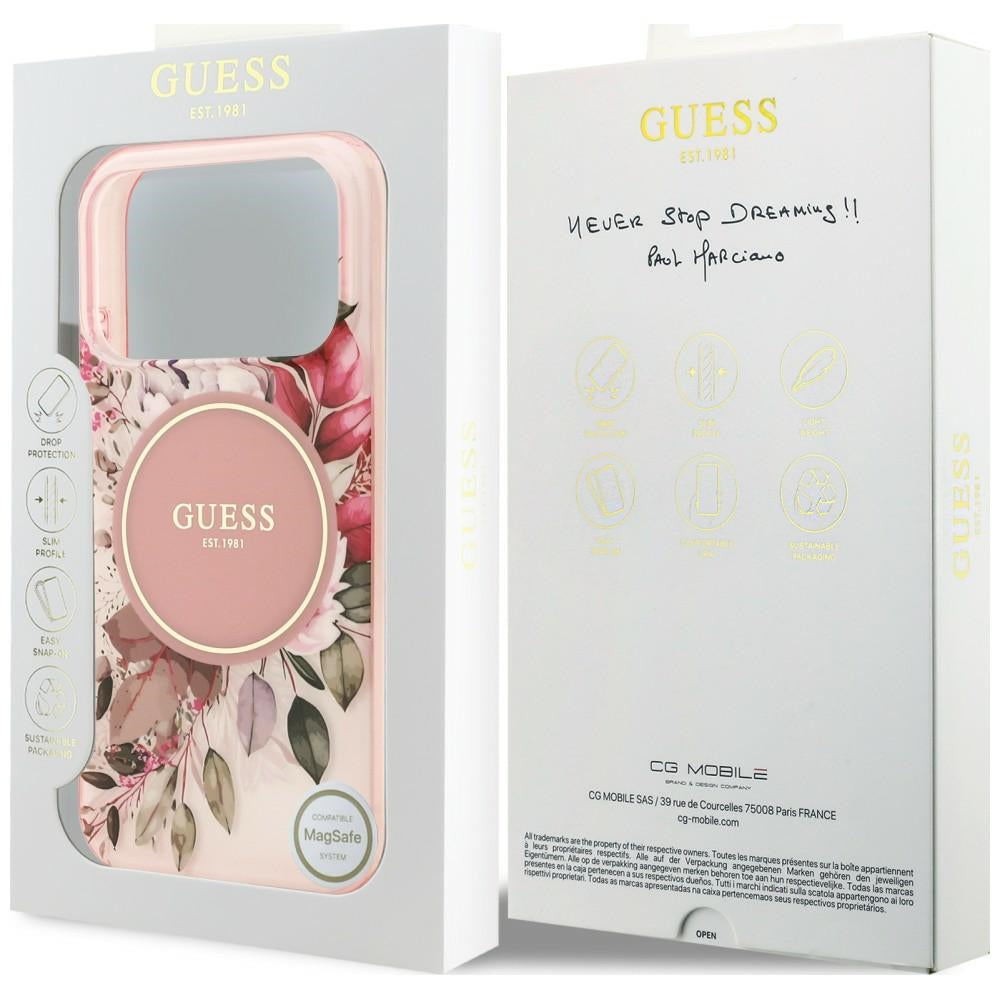 Husa MagSafe pentru Apple iPhone 18 Pro / 17 Pro, Guess, IML Flower & Tonal Circle, Roz