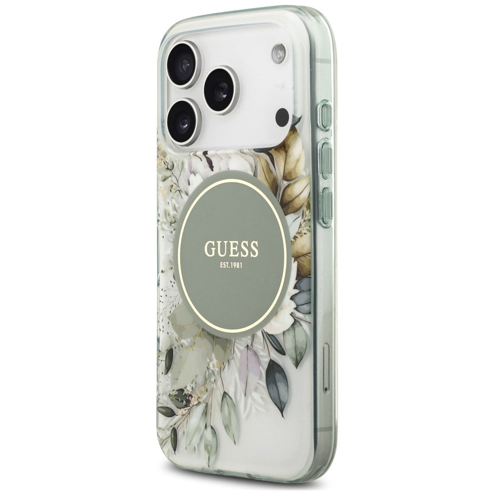 Husa MagSafe pentru Apple iPhone 18 Pro / 17 Pro, Guess, IML Flower & Tonal Circle, Verde