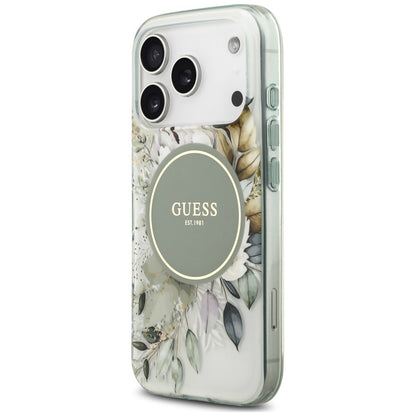 Husa MagSafe pentru Apple iPhone 18 Pro / 17 Pro, Guess, IML Flower & Tonal Circle, Verde