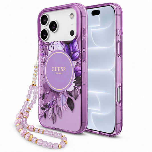 Husa MagSafe pentru Apple iPhone 18 Pro / 17 Pro, Guess, IML Flowers with Pearl Strap, Mov