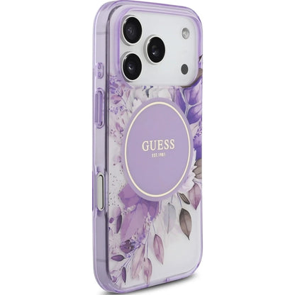 Husa MagSafe pentru Apple iPhone 18 Pro / 17 Pro, Guess, IML Flowers with Pearl Strap, Mov