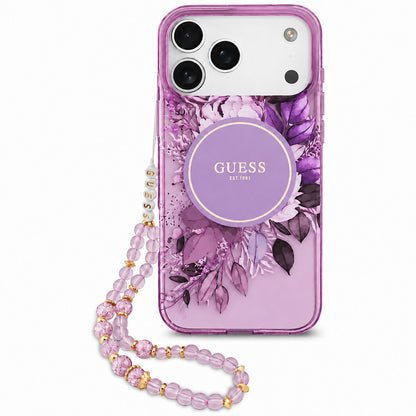 Husa MagSafe pentru Apple iPhone 18 Pro / 17 Pro, Guess, IML Flowers with Pearl Strap, Mov