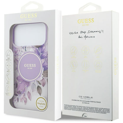 Husa MagSafe pentru Apple iPhone 18 Pro / 17 Pro, Guess, IML Flowers with Pearl Strap, Mov