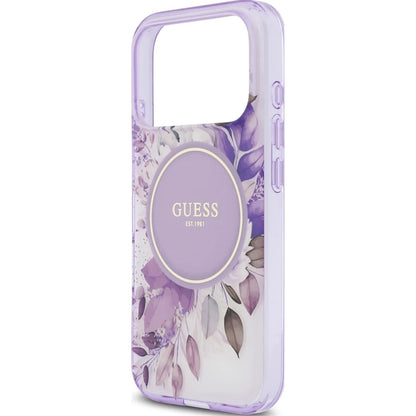 Husa MagSafe pentru Apple iPhone 18 Pro / 17 Pro, Guess, IML Flowers with Pearl Strap, Mov