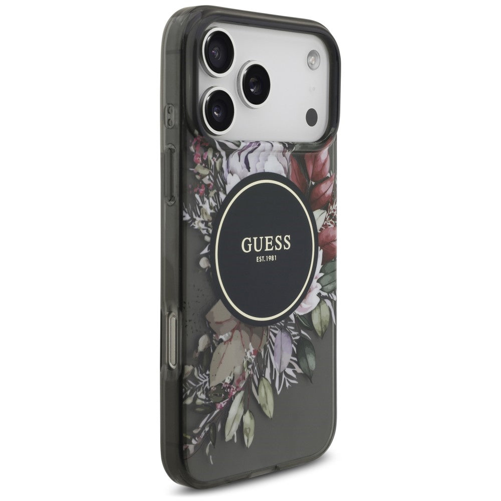 Husa MagSafe pentru Apple iPhone 18 Pro / 17 Pro, Guess, IML Flowers with Pearl Strap, Neagra