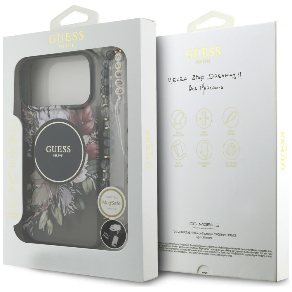 Husa MagSafe pentru Apple iPhone 18 Pro / 17 Pro, Guess, IML Flowers with Pearl Strap, Neagra