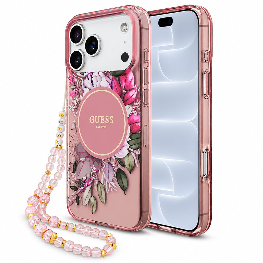 Husa MagSafe pentru Apple iPhone 18 Pro / 17 Pro, Guess, IML Flowers with Pearl Strap, Roz
