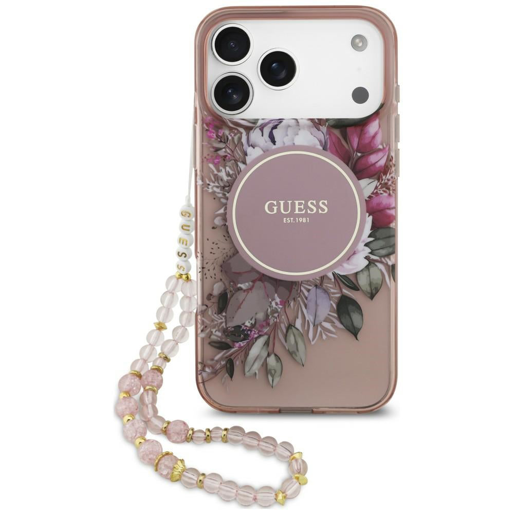 Husa MagSafe pentru Apple iPhone 18 Pro / 17 Pro, Guess, IML Flowers with Pearl Strap, Roz