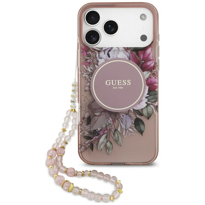 Husa MagSafe pentru Apple iPhone 18 Pro / 17 Pro, Guess, IML Flowers with Pearl Strap, Roz