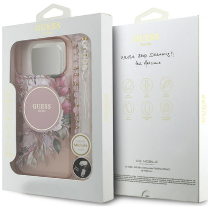 Husa MagSafe pentru Apple iPhone 18 Pro / 17 Pro, Guess, IML Flowers with Pearl Strap, Roz