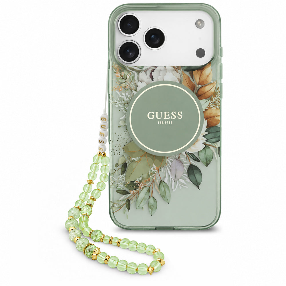 Husa MagSafe pentru Apple iPhone 18 Pro / 17 Pro, Guess, IML Flowers with Pearl Strap, Verde