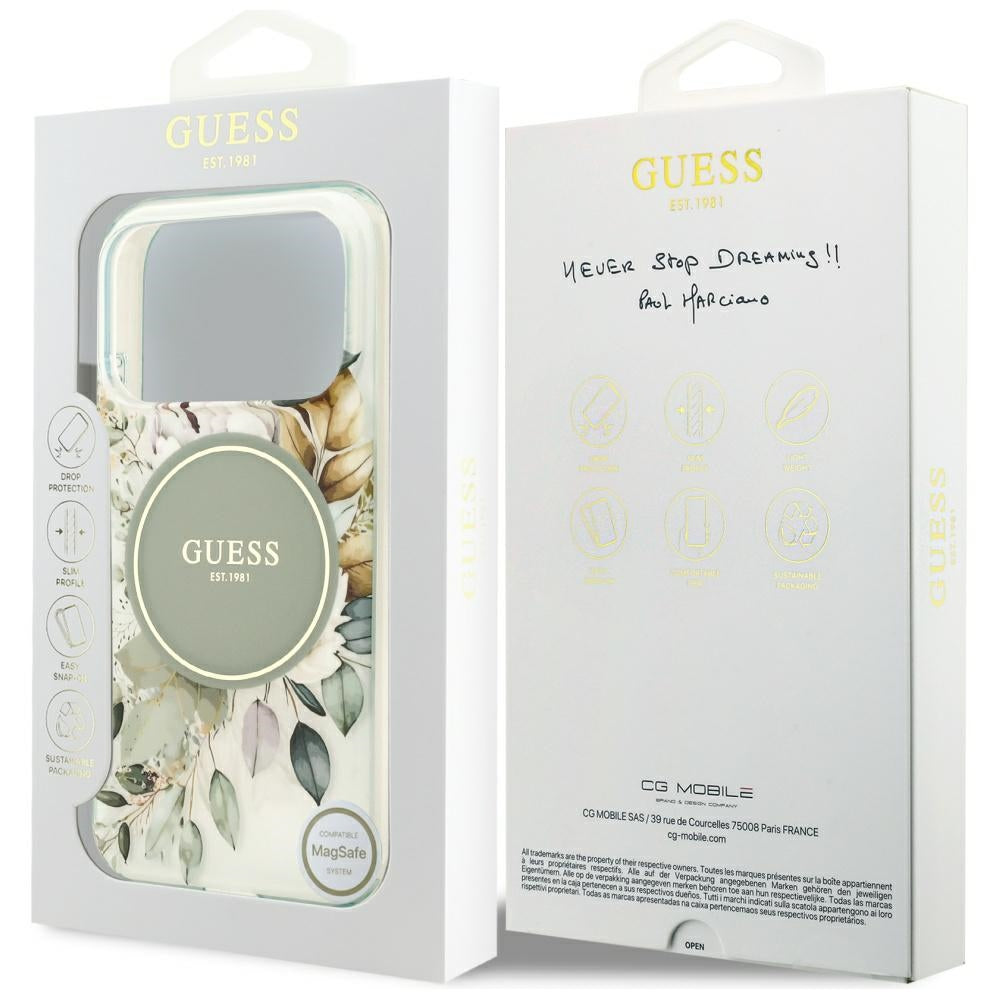 Husa MagSafe pentru Apple iPhone 18 Pro / 17 Pro, Guess, IML Flowers with Pearl Strap, Verde