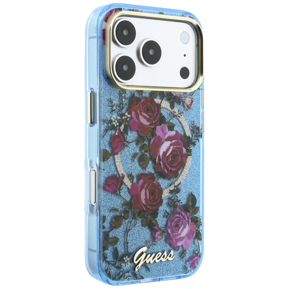 Husa MagSafe pentru Apple iPhone 18 Pro / 17 Pro, Guess, IML Glitter Blossom Roses, Bleu