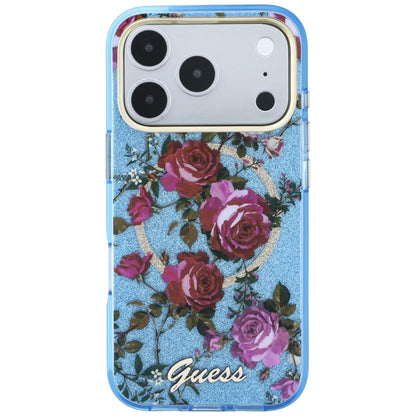Husa MagSafe pentru Apple iPhone 18 Pro / 17 Pro, Guess, IML Glitter Blossom Roses, Bleu