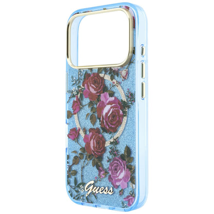Husa MagSafe pentru Apple iPhone 18 Pro / 17 Pro, Guess, IML Glitter Blossom Roses, Bleu