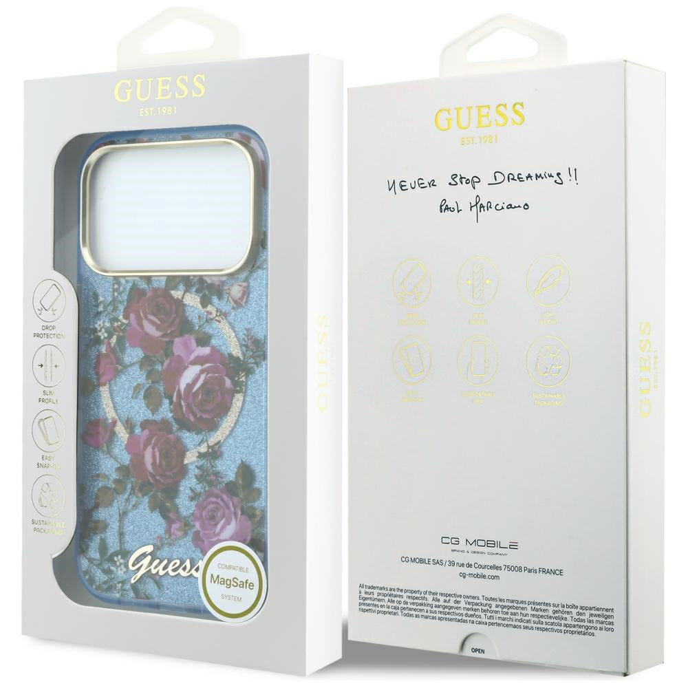 Husa MagSafe pentru Apple iPhone 18 Pro / 17 Pro, Guess, IML Glitter Blossom Roses, Bleu