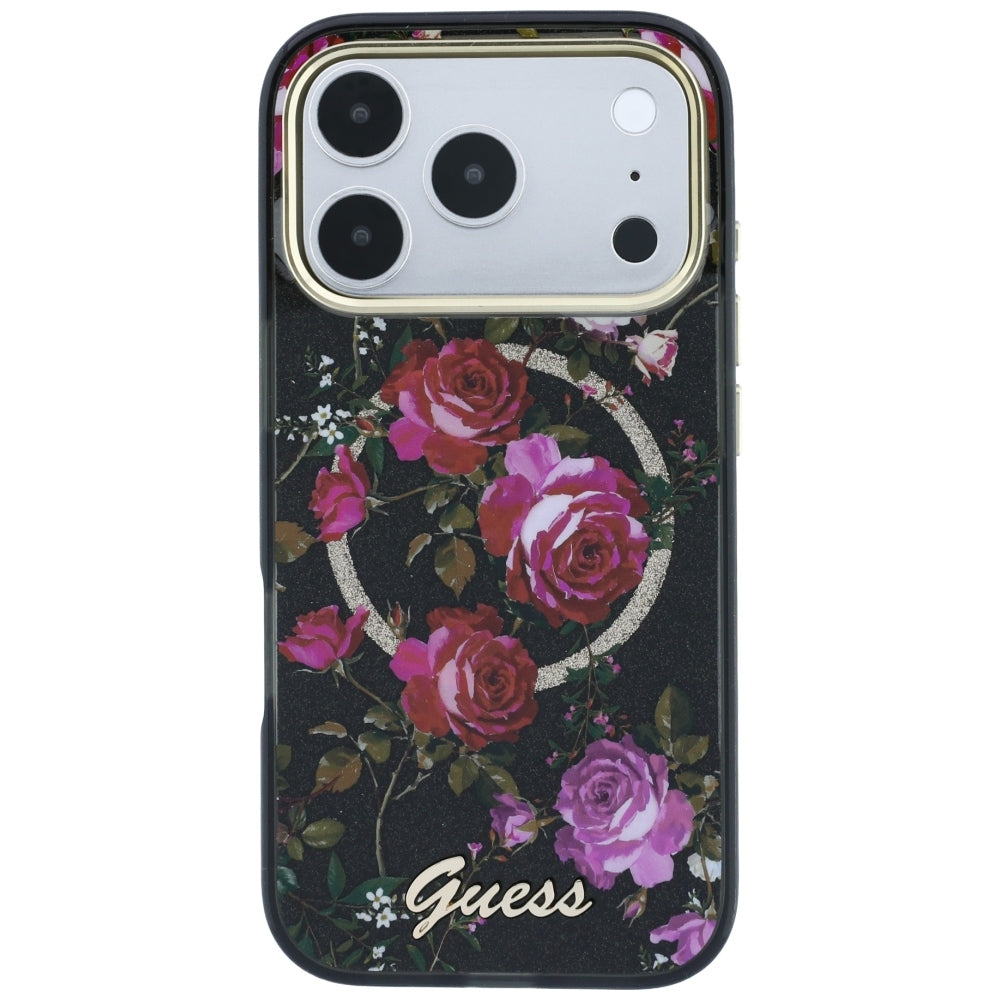 Husa MagSafe pentru Apple iPhone 18 Pro / 17 Pro, Guess, IML Glitter Blossom Roses, Neagra