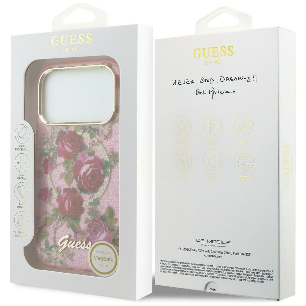 Husa MagSafe pentru Apple iPhone 18 Pro / 17 Pro, Guess, IML Glitter Blossom Roses, Roz