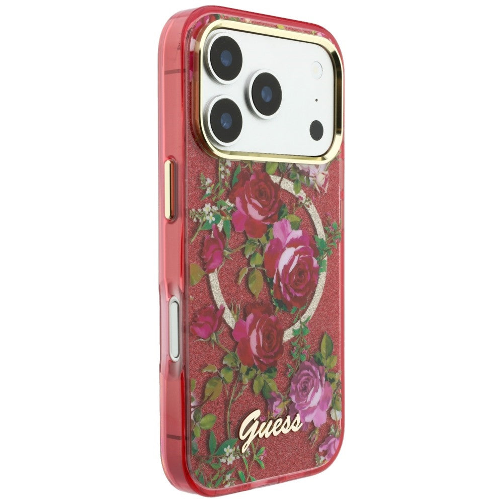 Husa MagSafe pentru Apple iPhone 18 Pro / 17 Pro, Guess, IML Glitter Blossom Roses, Visinie