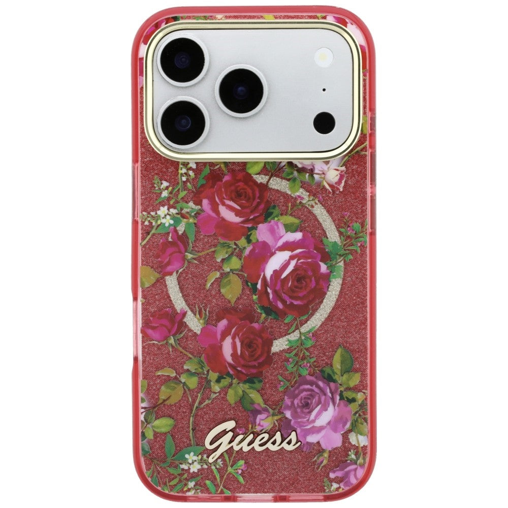 Husa MagSafe pentru Apple iPhone 18 Pro / 17 Pro, Guess, IML Glitter Blossom Roses, Visinie