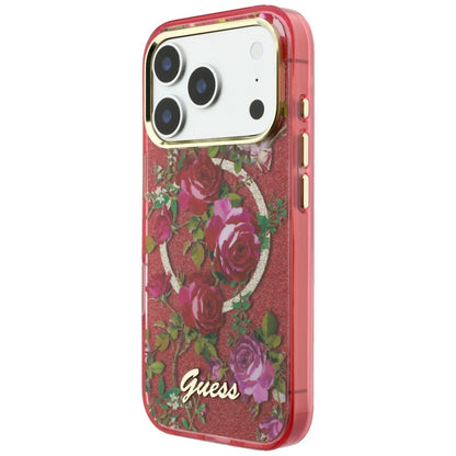 Husa MagSafe pentru Apple iPhone 18 Pro / 17 Pro, Guess, IML Glitter Blossom Roses, Visinie
