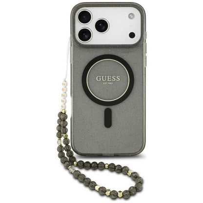 Husa MagSafe pentru Apple iPhone 18 Pro / 17 Pro, Guess, IML Glitter with Pearl Strap, Neagra